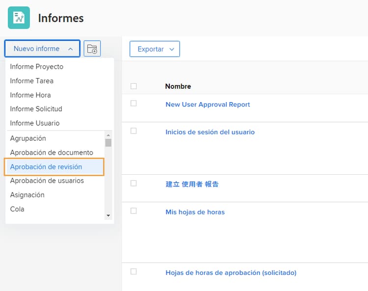 Seleccionar Aprobación de prueba del menú desplegable Nuevo informe