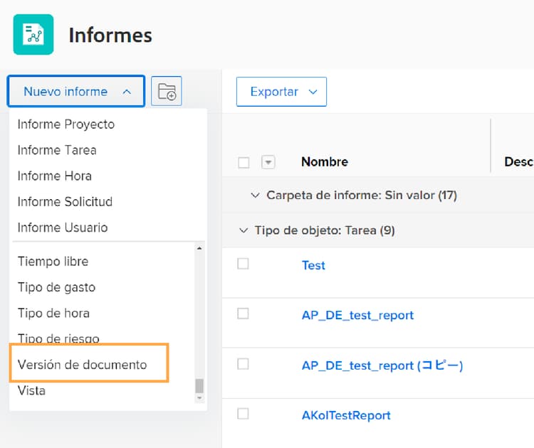 Seleccione la Versión del documento del menú desplegable Nuevo informe