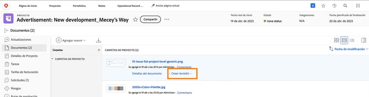 Una imagen del área Documentos de un proyecto de Workfront con Generar prueba resaltado.