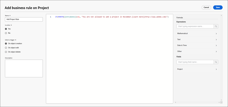 Add business rule dialog