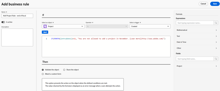 Add business rule dialog