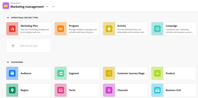 Espacio de trabajo de marketing con taxonomías de tipo de registro que abren la página