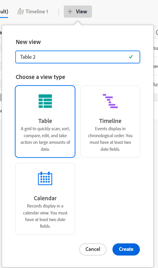 Lista desplegable de tipos de vista de la lista de tipos de registro
