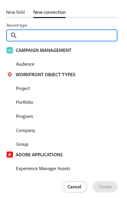 Nueva pestaña de conexión con las opciones de Workfront AEM
