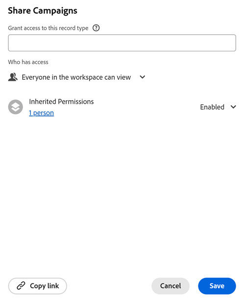 Permisos para tipos de registros con permisos heredados en