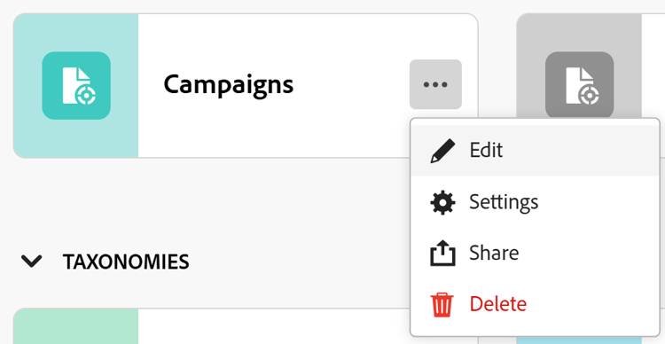 Más opciones de menú de la tarjeta de tipo de registro con Configuración