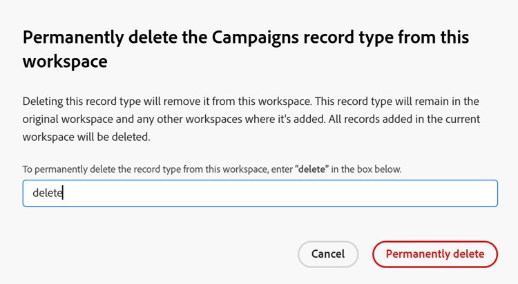 Eliminar cuadro de confirmación de tipo de registro global secundario