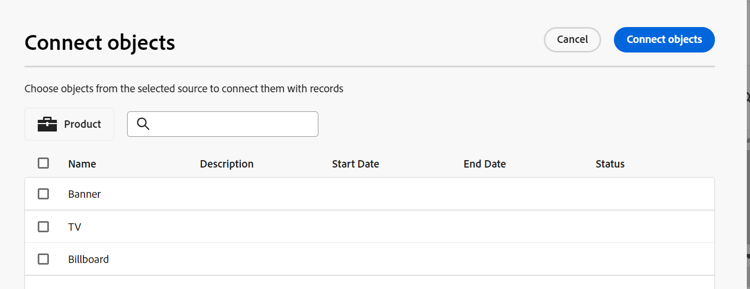 Tabla de objetos conectados para registros