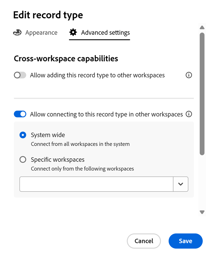 Editar ficha de configuración avanzada de registro con la conexión habilitada desde otros espacios de trabajo