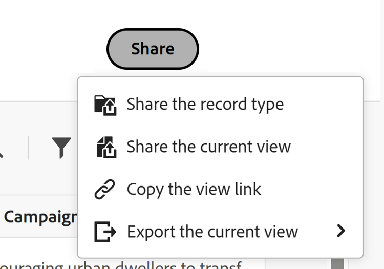 Botón Compartir con tipo de registro y ver opciones de uso compartido