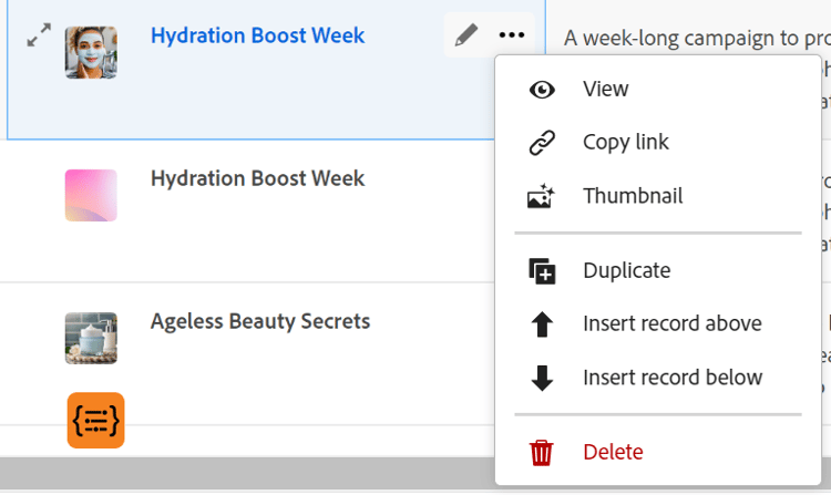 Menú más del registro en la vista de tabla