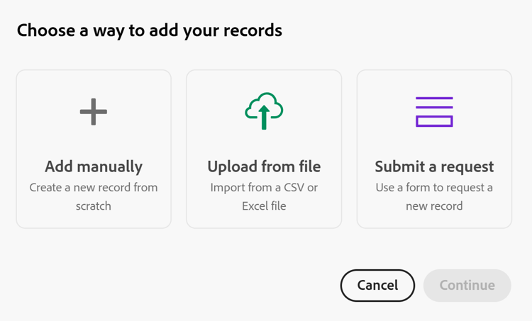 Elija la forma de agregar registros en el cuadro de tres botones