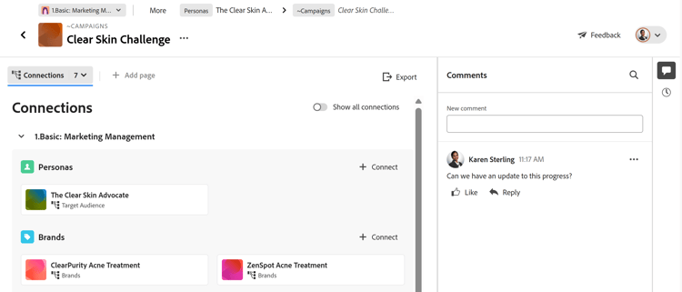 Ficha Conexiones registrada en Workfront Planning