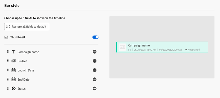 Sección de estilo de barra en la configuración de vista de calendario