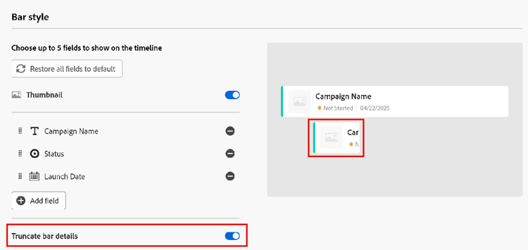 Se ha resaltado la configuración de truncado en el cuadro de configuración de la cronología
