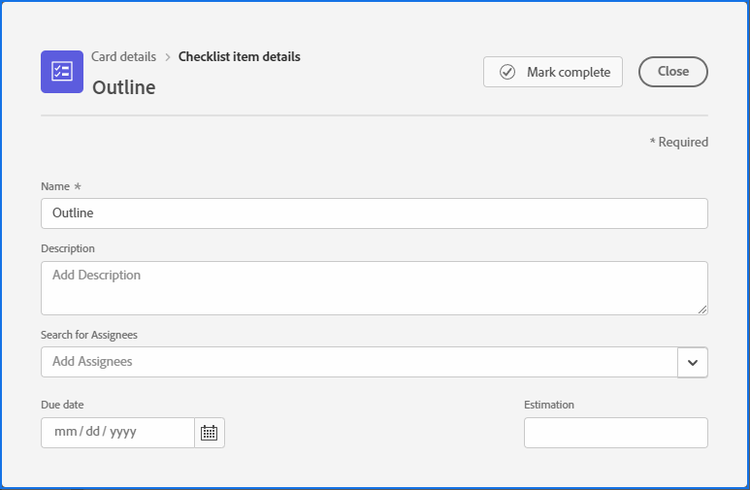 Cuadro Detalles de elemento de la lista de comprobación