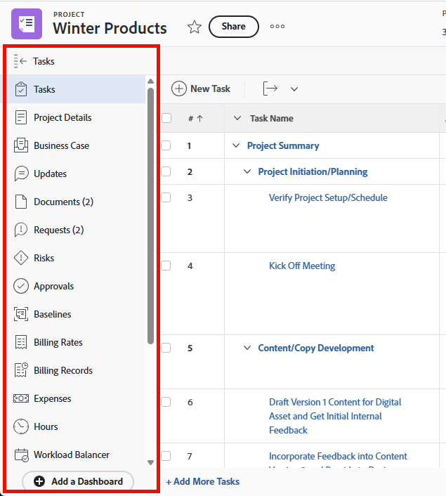 Secciones del panel izquierdo