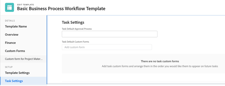 Editar cuadro de plantilla Sección Configuración de tarea