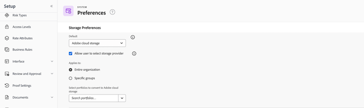 preferencias de almacenamiento en la configuración