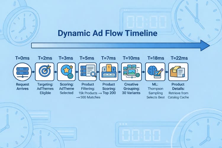 Figura 12. Flujo de solicitud de publicidad dinámico: incluye la selección de productos antes de la optimización y el procesamiento de ML.