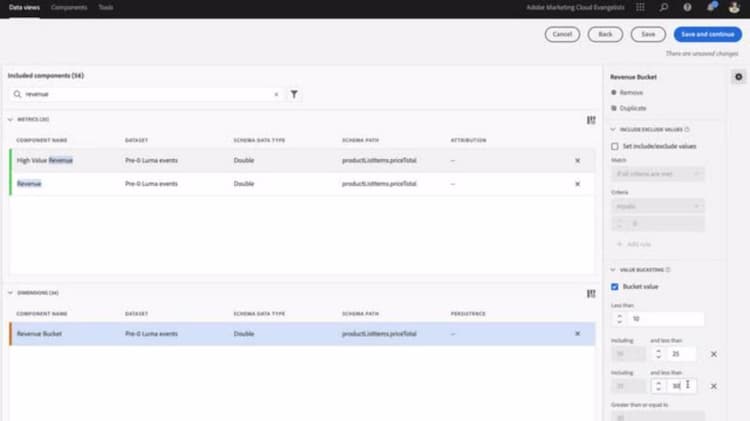 Configuración del tipo de componente en Vistas de datos