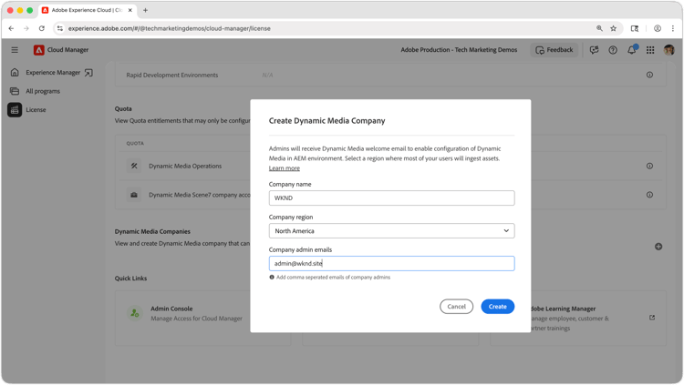 Captura de pantalla de Crear o seleccionar una compañía de Dynamic Media