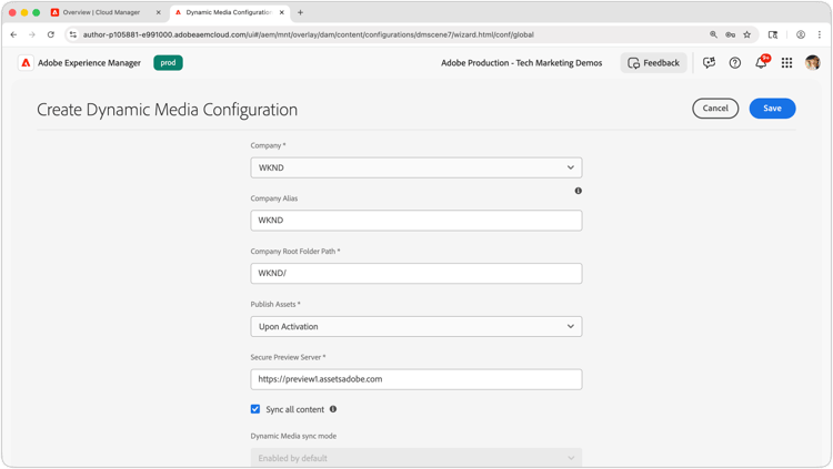Captura de pantalla de Finalización de la configuración de Dynamic Media
