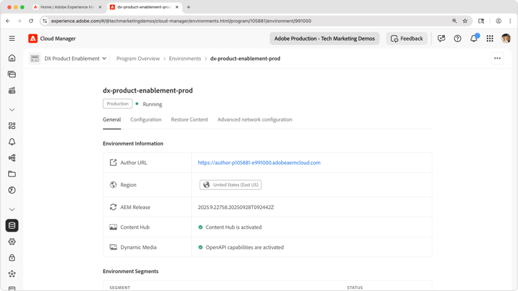 Captura de pantalla de confirmación de activación de OpenAPI de Dynamic Media