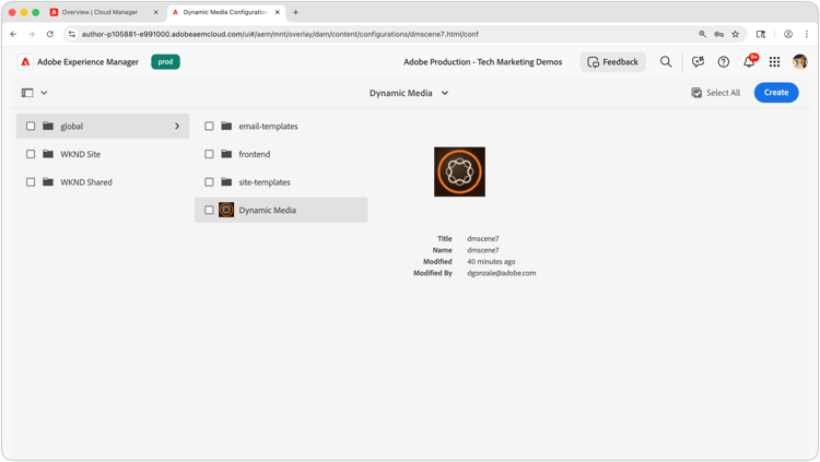 Captura de pantalla de la configuración completa y uso de las características de Dynamic Media