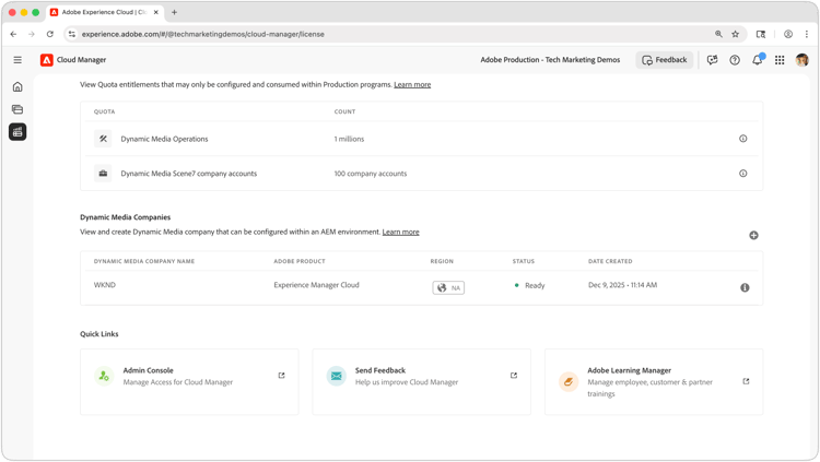 Captura de pantalla de Crear o seleccionar una compañía de Dynamic Media