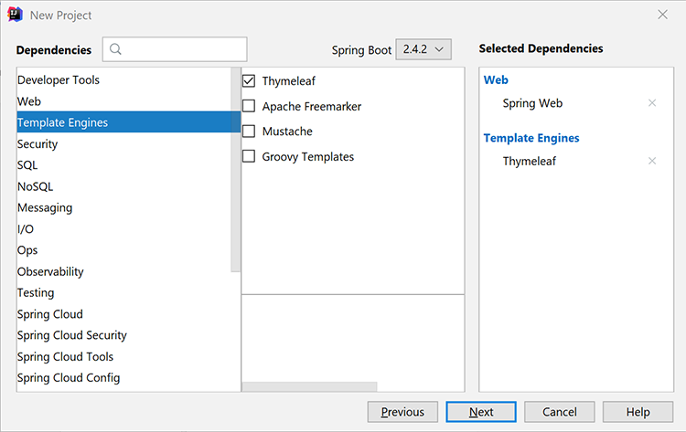 Capture décran pour ajouter Spring Web et Thymeleaf