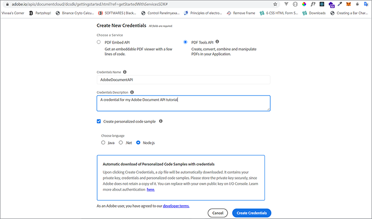 Capture d’écran de création des identifiants