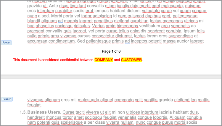 Capture décran de lajout de balises COMPANY et CUSTOMER dans le pied de page