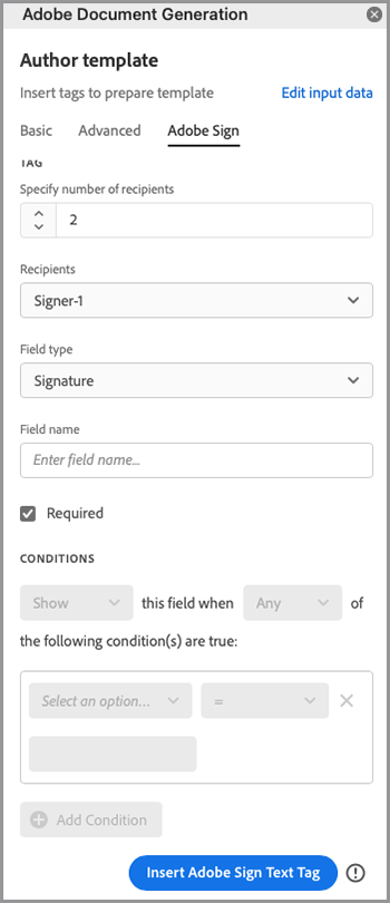 Capture décran de loption Insérer une balise de texte Adobe Sign dans le déclencheur de génération de document
