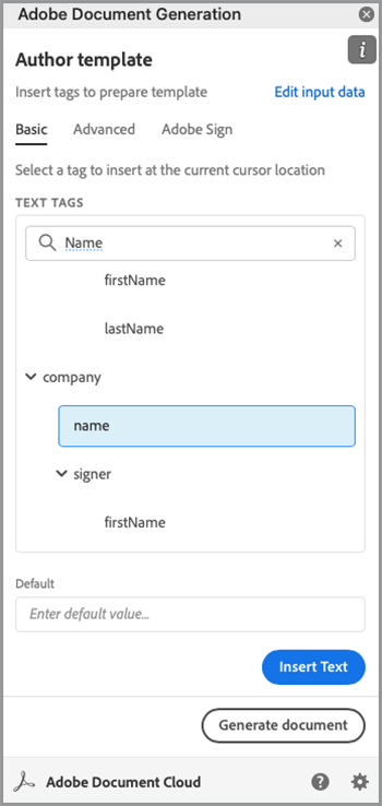 Capture d’écran de la recherche d’un nom dans Document Generation Tagger