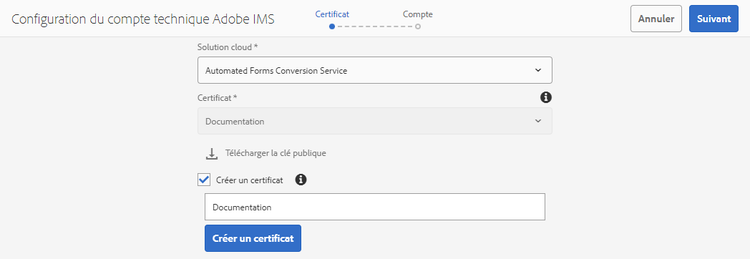 La page Adobe IMS Technical Account Configuration (Configuration de compte technique Adobe IMS)