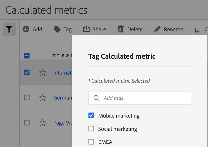 Baliser la liste des mesures calculées avec le marketing mobile sélectionné.