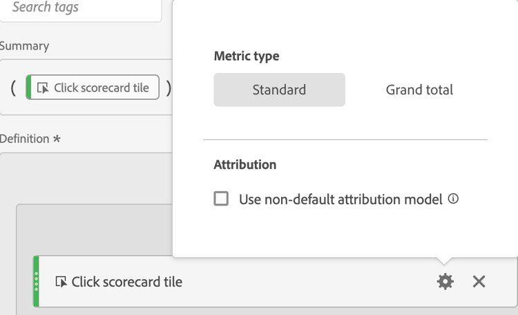 Icône d’engrenage avec fenêtre contextuelle affichant le type de mesure égal à Standard.