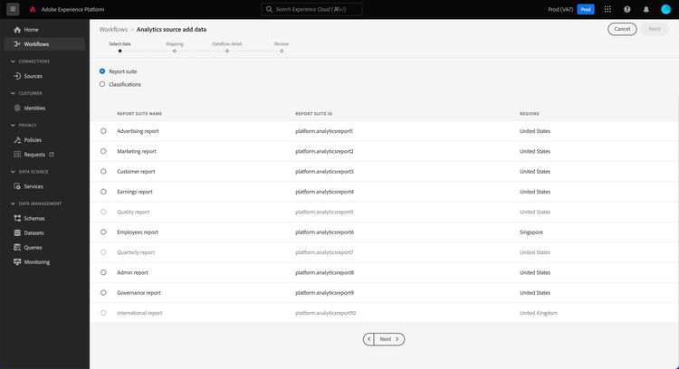 Fenêtre Adobe Experience Platform présentant la liste des suites de rapports