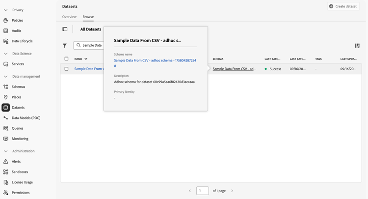 Sélectionner un schéma pour le jeu de données ad hoc