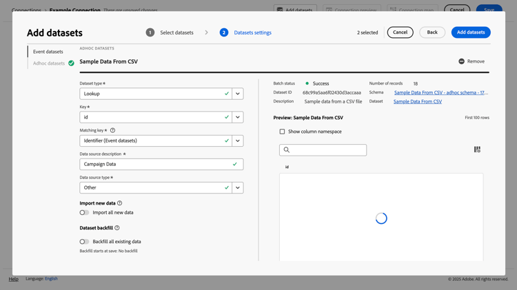 Configurer les jeux de données
