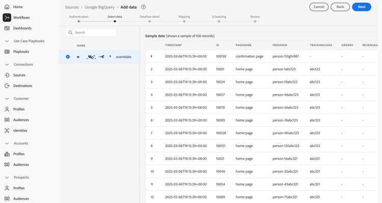 Experience Platform - Connecteur Source - Sélectionner les données