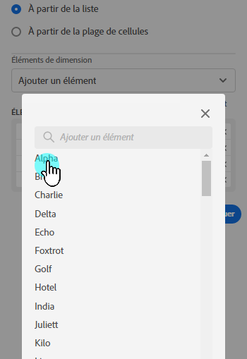 L’option De liste et les éléments disponibles.