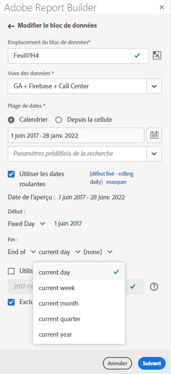 Report Builder du volet de plage de dates affichant le jour actuel sélectionné.