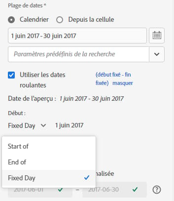 Volet Période Report Builder affichant Utiliser des dates roulantes sélectionnées et l’expression variable.