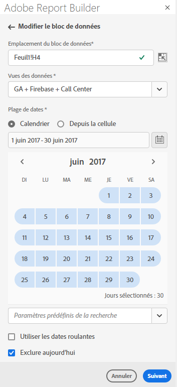 Volet Période de Report Builder affichant le calendrier, la date de fin et la date de début sélectionnée.