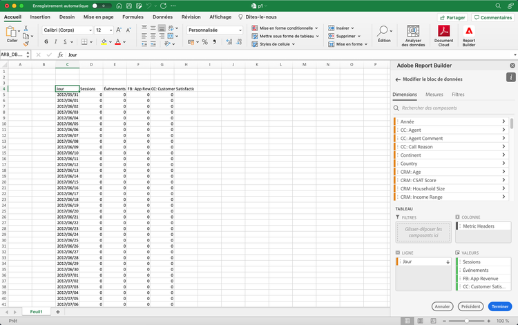 Capture décran montrant les composants ajoutés et la feuille de calcul mise à jour.