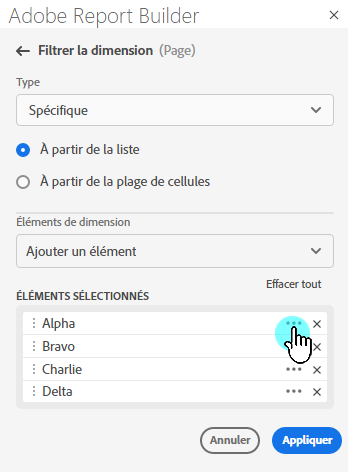 Les options spécifiques et les éléments sélectionnés.