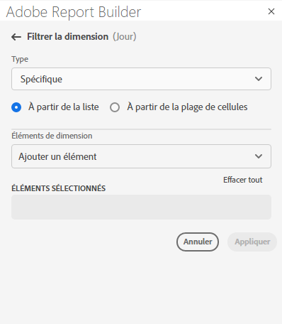 Option spécifique sélectionnée dans le volet Dimension de filtre.