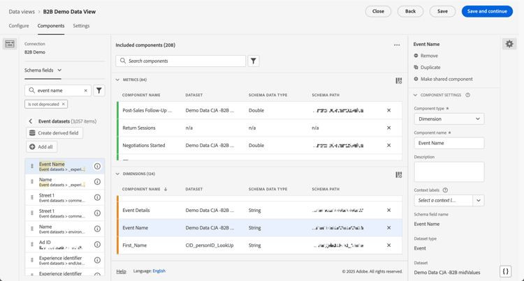 Vue de données B2B - Composants - Dimensions d’événement